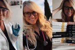 Nurse with stack of books, stethoscope, and beaker