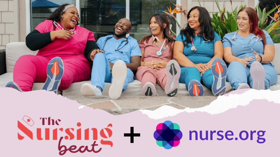 Nurses in scrubs sitting together with The Nursing Beat and Nurse.org logos representing their partnership.